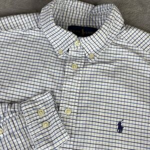 Ralph Lauren Dress Shirt boys 18 White Blue Check Custom‎ Fit Slim Button Down